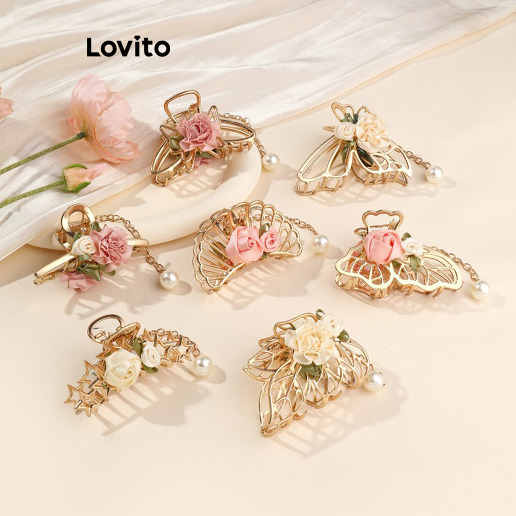 Lovito กิ๊บหนีบผมผู้หญิง โลหะ ลายดอกไม้ สไตล์ลำลอง LFA28332