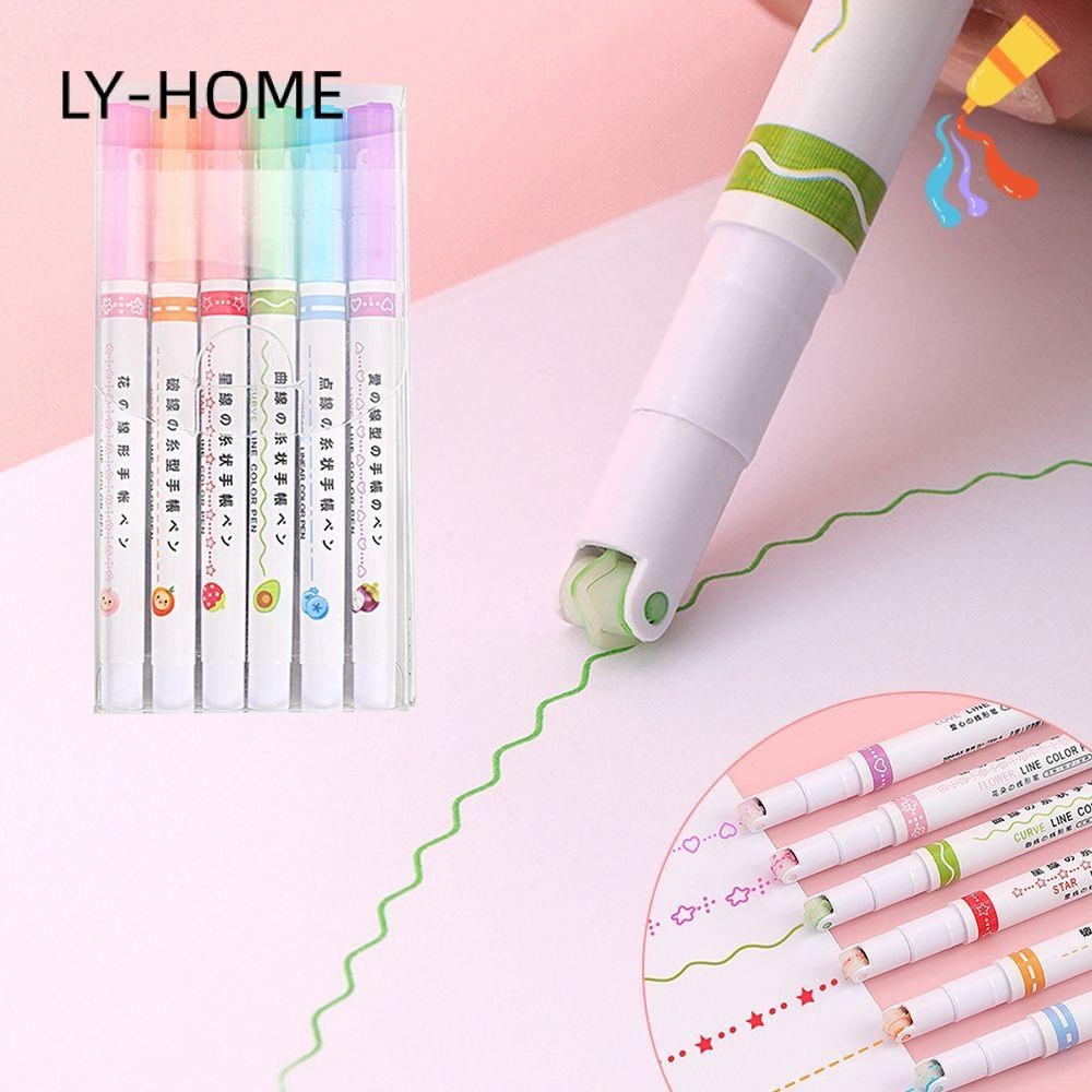 LY 6PCS Curve Highlighter Pen Graffiti Office Supplies Curve Line Flower-shaped Drawing Tools Highlighters Multiple Shapes