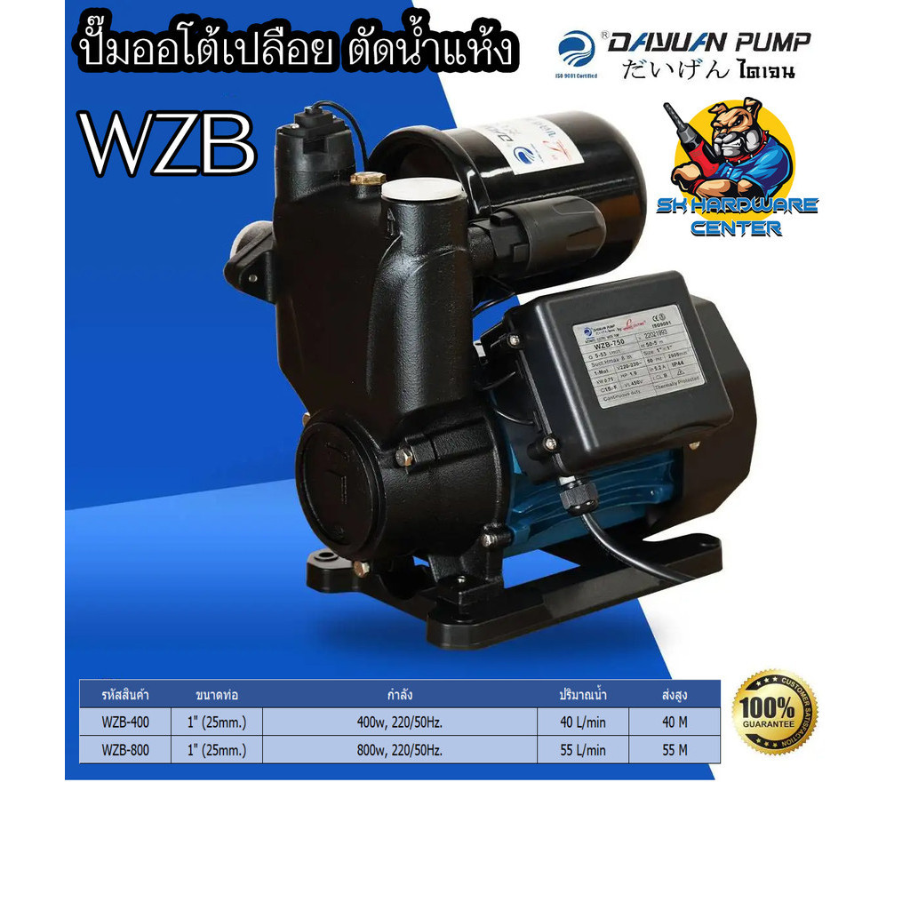 ปั้มน้ำออโต้ ตัดน้ำแห้ง ระบบการทำงานอิเล็คโทนิค  400-800W  ขนาดท่อเข้า-ออก 1นิ้ว DAYUAN รุ่น WZB
