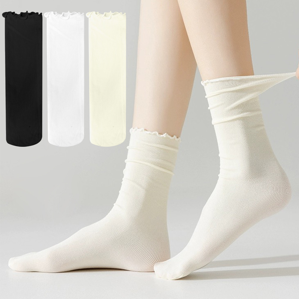น ่ ารักไม ้ ขอบหู Pile ถุงเท ้ าหลอดกลาง - Breathable, Light - สีทึบ Ruffles Harajuku ถุงเท ้ าน ่ ารัก - เกาหลี Ruffles ถุงเท ้ าข ้ อเท ้ า - ผู ้ หญิง INS สไตล ์ Kawaii ถุงเท ้ า