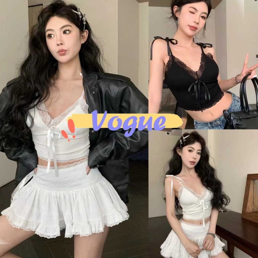 Vogue🌟พร้อมส่ง🌟 เสื้อกล้ามลูกไม้คอวีเซ็กซี่ ขอบลายลูกไม้ ดีเทลสายผูกโบว์น่ารัก มีฟองน้ำ (FY2298)