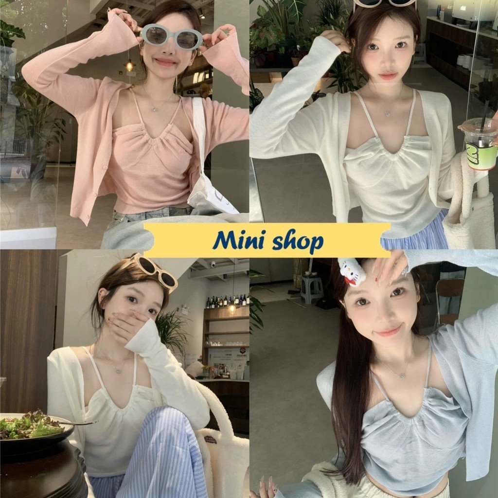 Mini shop🌸พร้อมส่ง🌸 (N13+N13-1) เสื้อคลุม+สายเดี่ยวไหมพรม สีพาสเทลน่ารัก ใส่สบายมาก