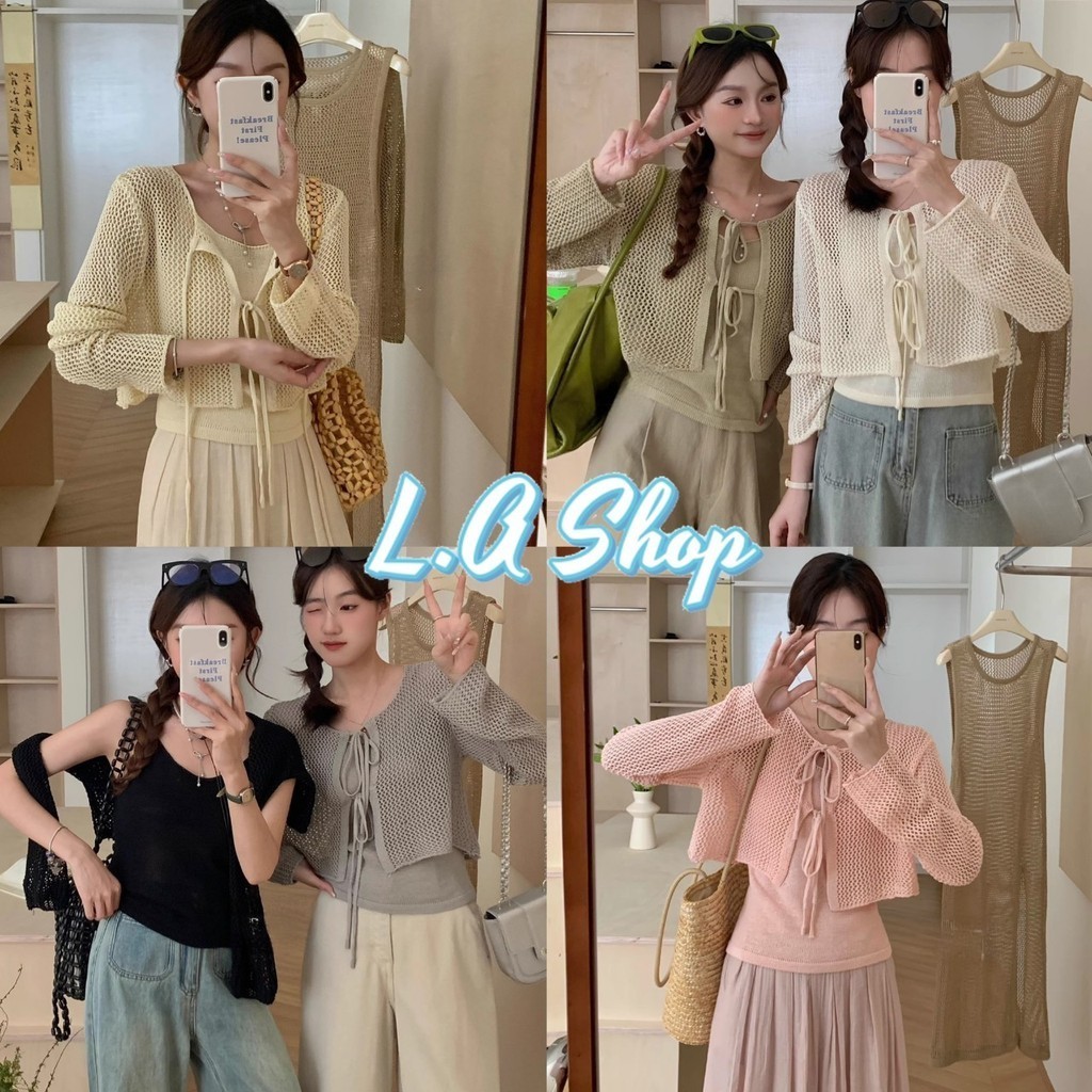 L.A Shop พร้อมส่ง สายเดี่ยวไหมพรม+เสื้อคลุมตาข่าย ใส่สบายระบายเบาๆ "Q12+Q12-1"
