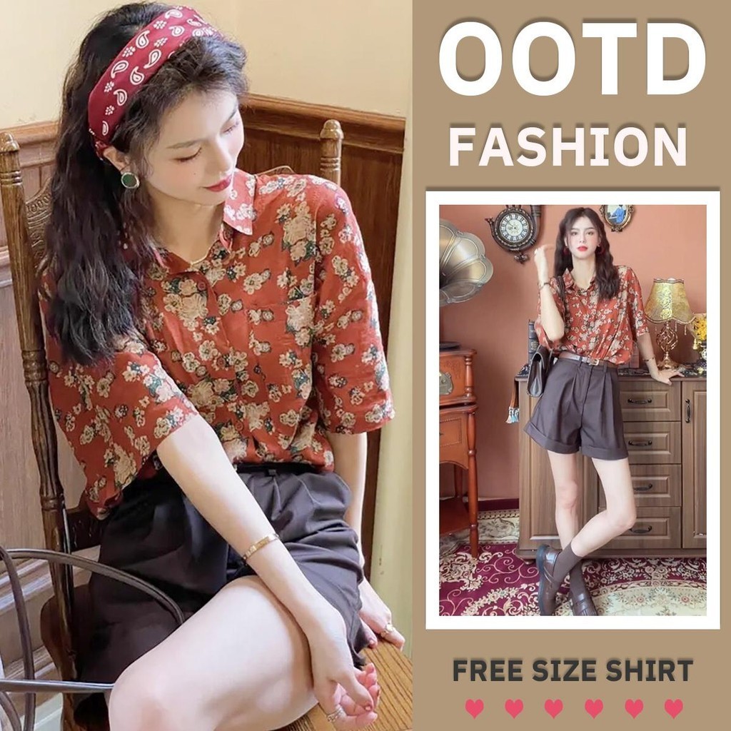 MIMI&DIDI.เสื้อเชิ้ตแขนสั้น เสื้อแฟชั่นผู้หญิง สีแดง ลายดอกไม้ย้อนยุคฤดูร้อนสำหรับ สไตล์เกาหลี หลวมและสวมใส่สบาย#W368