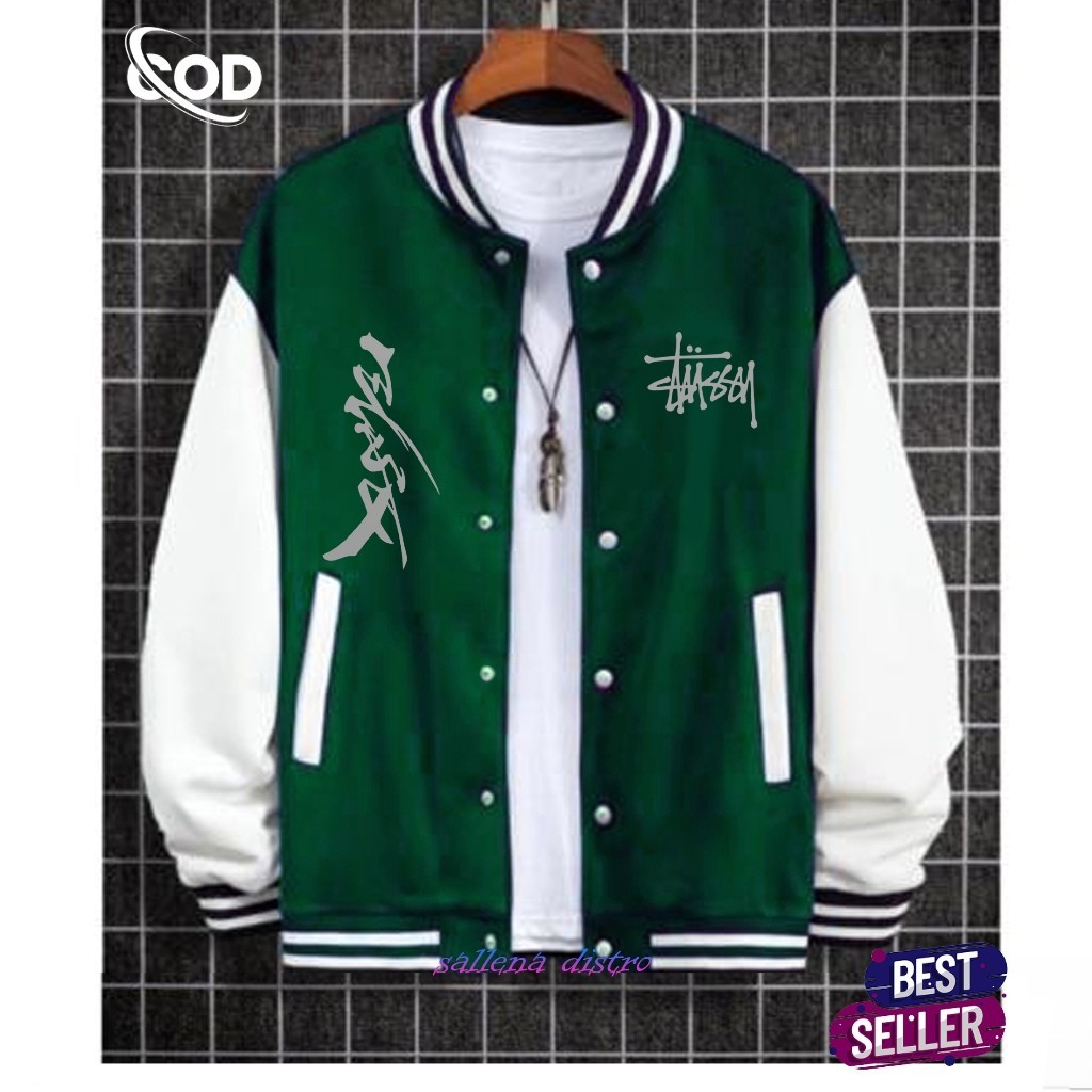 STUSSI AUTHEN KIRKA TEXT SILVER ORIGINAL PREMIUM VARSITY BASEBALL BOMBER JACKET