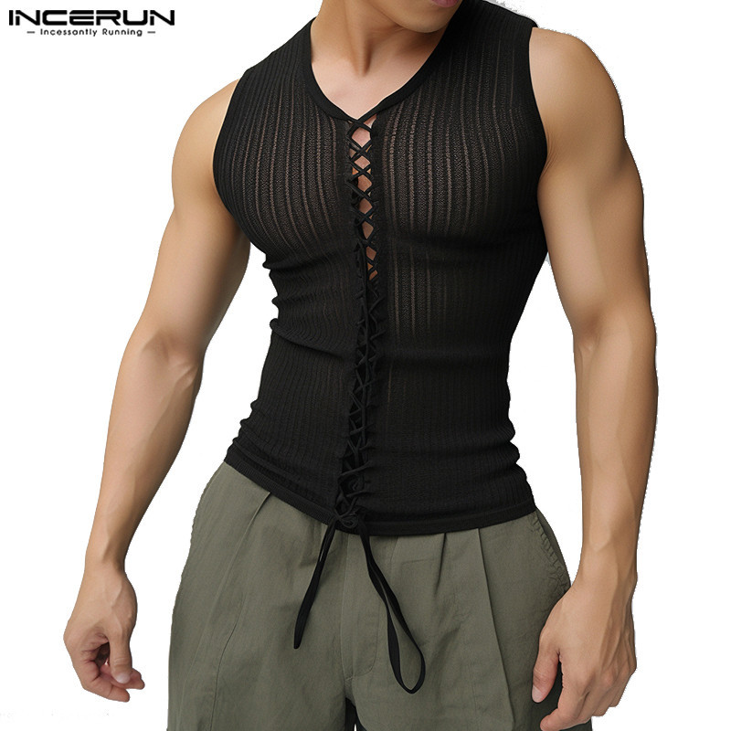 Incerun ผู ้ ชายเกาหลีแฟชั ่ น Cross Design Drawstring เสื ้ อกล ้ ามแขนกุด