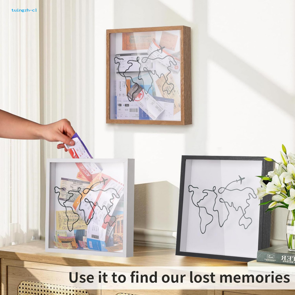 Tuingzh Anniversary Memory Box Travel Adventure Ticket Shadow Box Wooden Frame Keepsake Storage for Tickets แสตมป์ภาพถ่ายเดสก์ท็อปตกแต่งสําหรับของที่ระลึก Wanderlust