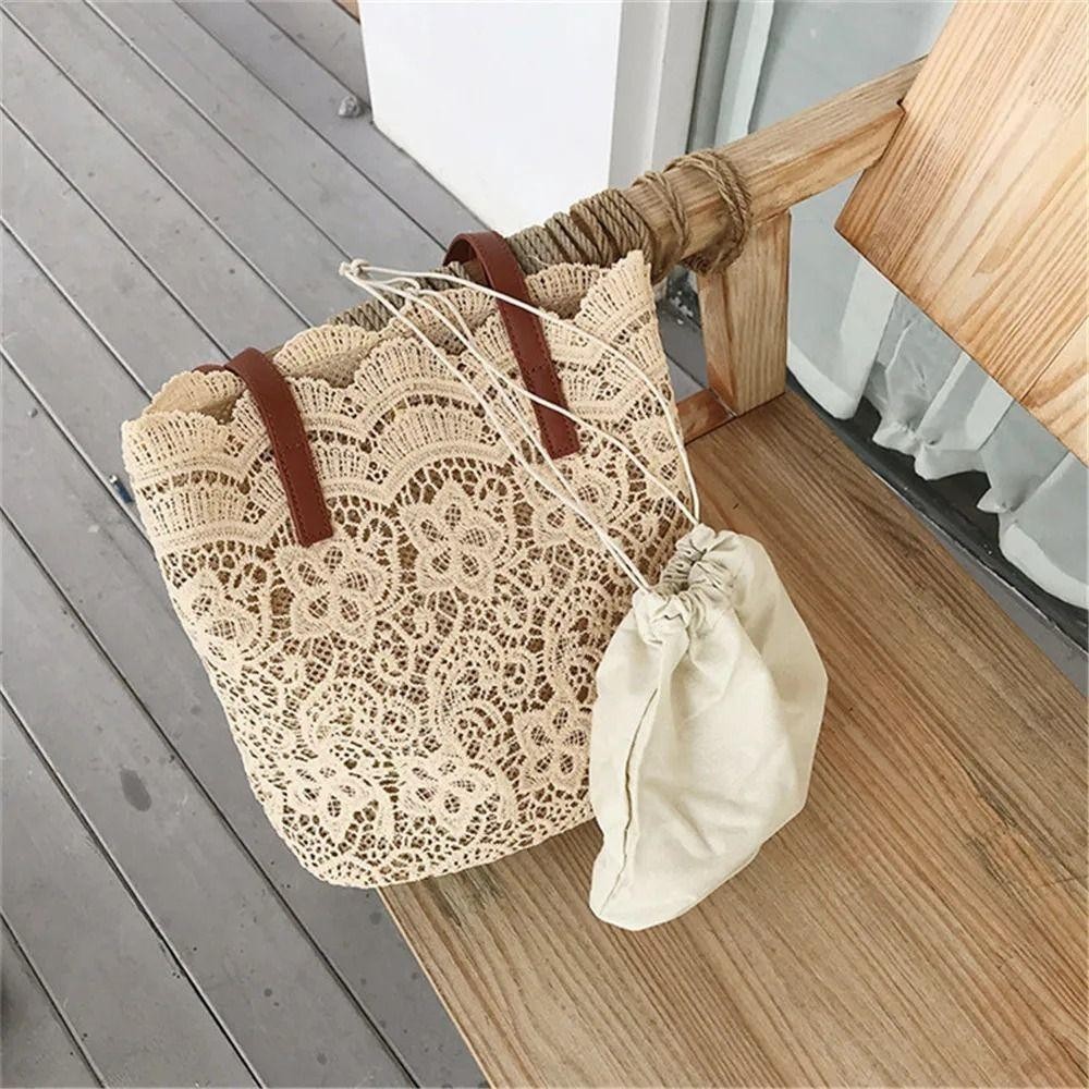 Bersy กระเป๋าถือทอผู้หญิง,Hollow Out Handโครเชต์ลูกไม้กระเป๋าสะพาย,Elegant Long Lasting TOP-Handleน้ําหนักเบาโครเชต์ดอกไม้Tote Sandy Beach