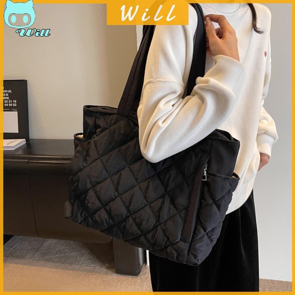 Women Diamond Quilted Tote Bag Casual Large Crossbody Travel Shopping Bag (สีดํา)