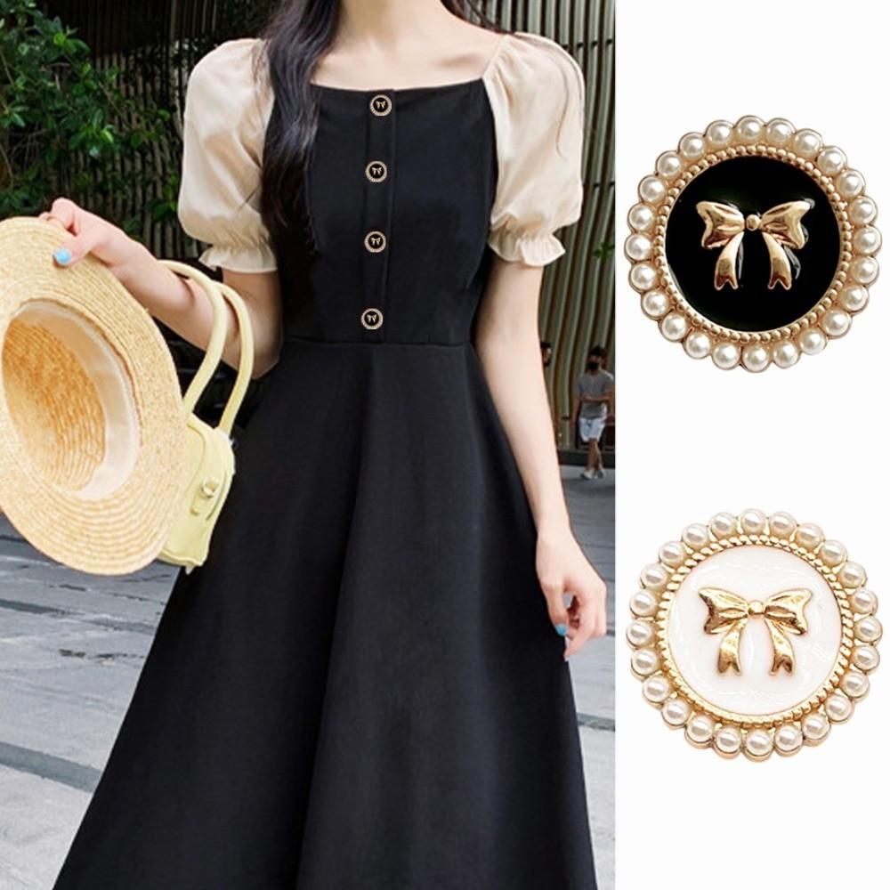 5 ชิ้นหรูหราและสวยงามการออกแบบโบว์ฝรั่งเศสฝังมุกรอบปุ่มโลหะเสื้อผู้หญิงเสื้อแจ็คเก็ตจัมเปอร์ตกแต่งปุ่ม