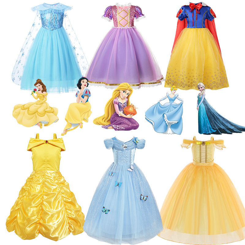 Disney Girl Rapunzel Belle เครื ่ องแต ่ งกายคอสเพลย ์ ชุดเจ ้ าหญิงหิมะสีขาว Cinderella Elsa Carnival Party เสื ้ อผ ้ าเด ็ กชุดราตรี