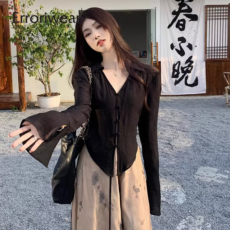 Erroriwear เสื ้ อผู ้ หญิง 2024 แฟชั ่ นสีทึบ V คอ Causal Slim Fit เสื ้ อแขนยาว