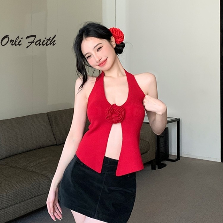 Orlifaith ผู ้ หญิง Tank Top 2024 แฟชั ่ นสีทึบดอกไม ้ เครื ่ องประดับ Slim Fit Casual Halter Camisole