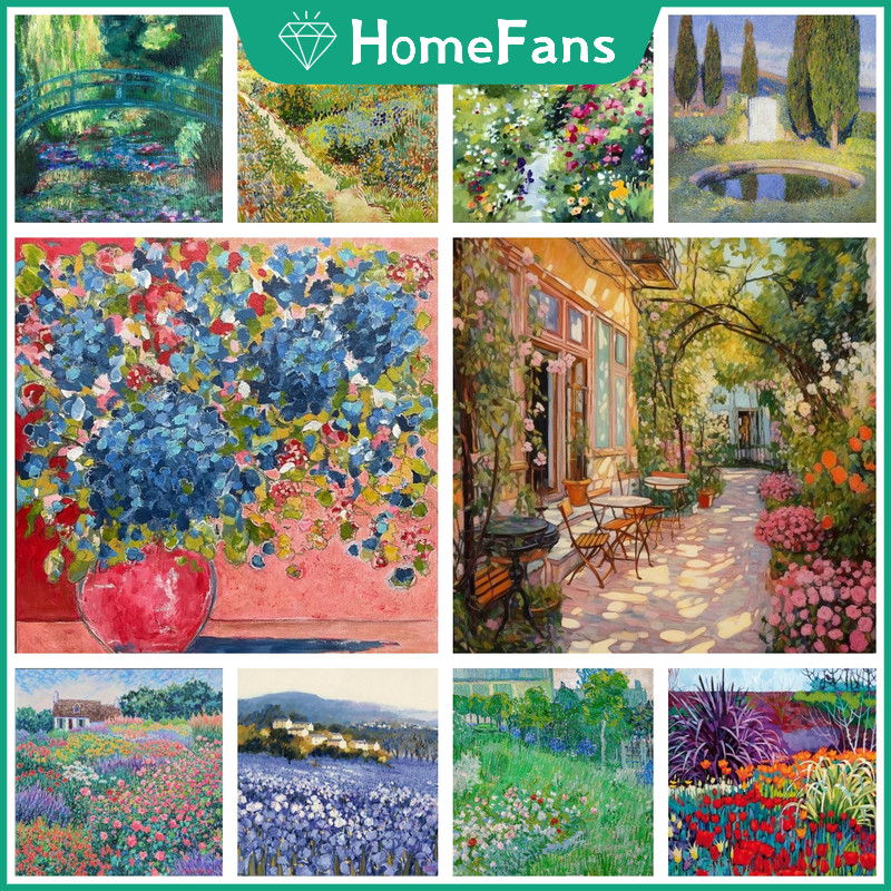 HFMonet Garden 5D DIY เต็มรอบเจาะเพชร Cuople ชุดอะคริลิครอบเพชรจิตรกรรมสําหรับ Home Cross Stitch ชุด Enbroidery ของขวัญวันเกิดตกแต่งบ้านห้องครัวเทศกาลของขวัญ