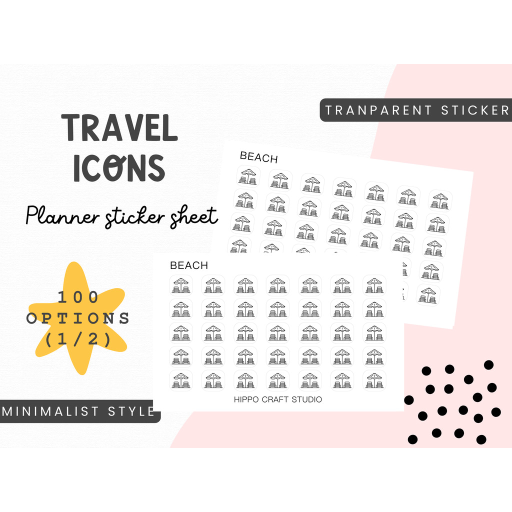 100 Travel mini icons | Minimal style | Transparent sticker | Planner sticker sheet ไอคอนท่องเที่ยว สไตล์มินิมอล สติ๊...