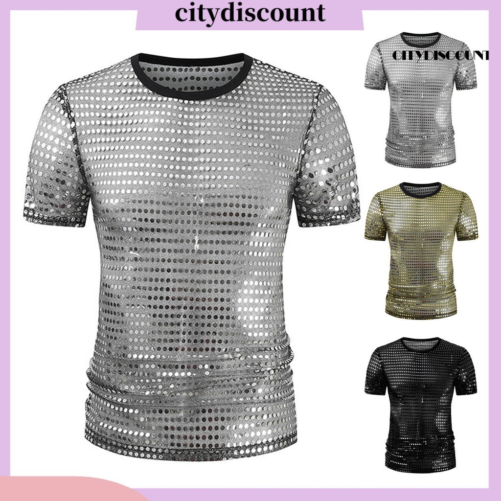 [เมือง] เสื้อยืดปักเลื่อมสําหรับผู้ชายประกายจุดแจ๊สเต้นรําสมัยใหม่เสื้อยืดคอกลมแขนสั้นประสิทธิภาพท็อปส์1970วินาทีดิสโก้ท็อปส์ไนท์คลับเทศกาลเครื