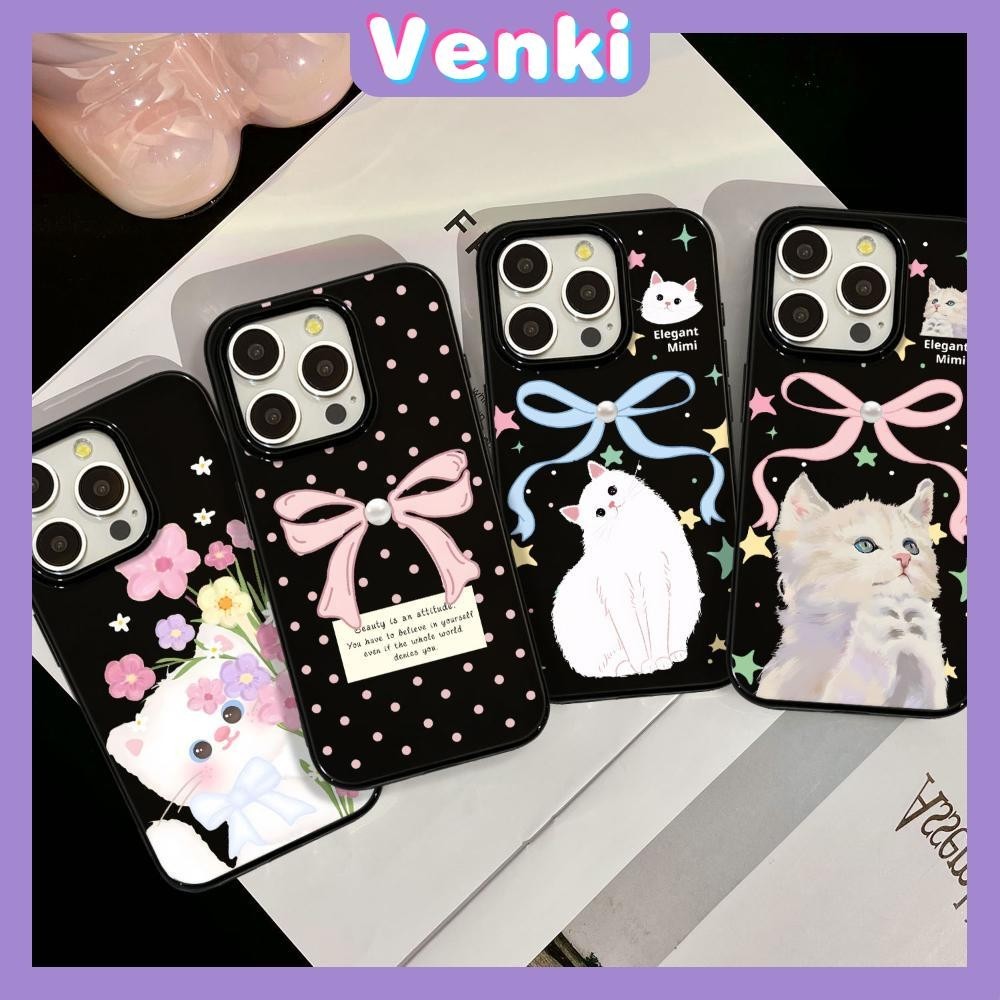 VENKI - สำหรับ iPhone 15 PRO MAX สีดำมัน TPU เคส iPhone เคสอ่อนกันกระแทกป้องกันกล้อง Bow Tie และแมวเข้ากันได้กับ iPhone 14 13 12 PRO MAX 11 XR XS MAX 7 8 PLUS