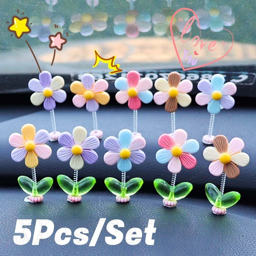 1-5ชิ้นดอกไม้สายรุ้งแดชบอร์ดเครื่องประดับ-คอนโซลกลางสั่นตกแต่ง-ตลก,น่ารัก,หลายสี-ดอกไม้โชคดี,ดอกทานตะวันที่มีใบ-หญิงรถตกแต่งภายใน