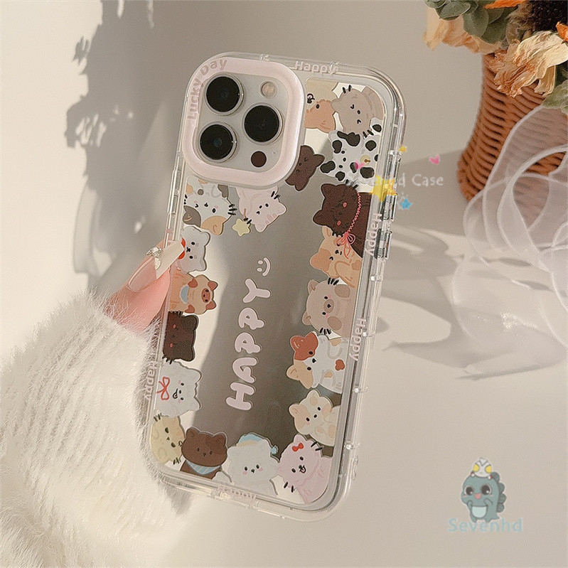 Ins Original สําหรับ iPhone 6 7 8 Plus iPhone 11 13 12 14 15 Pro Max X XR Xs Max เคสโทรศัพท์ครีมกระจกGlossyปลอกลูกสุนัขมีความสุขแมวน่ารักซิลิโคนป้องกันปกอ่อน