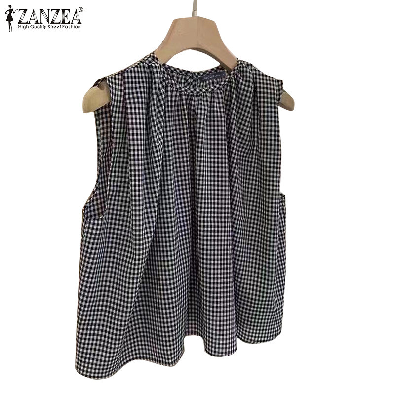 Zanzea ผู ้ หญิงเกาหลีลายสก ๊ อตลําลองหลวมรูปตัว H เสื ้ อกล ้ ามแขนกุดคอกลมสั ้ น