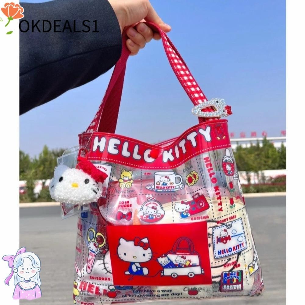 Dealshop กระเป๋าถือ Hello Kitty, กระเป๋าสะพายความจุขนาดใหญ่ Pvc, กระเป๋าสะพาย Pvc พิมพ์สี่เหลี่ยมกันน้ําผู้หญิง