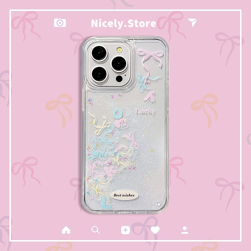 Glitter สีสัน Bowknot Shiny Powder Quicksand เคสโทรศัพท์สําหรับ iPhone 16 15 14 Plus 13 12 Pro Max 11 11Promax ปลอกแข็งโปร่งใสฝาหลัง