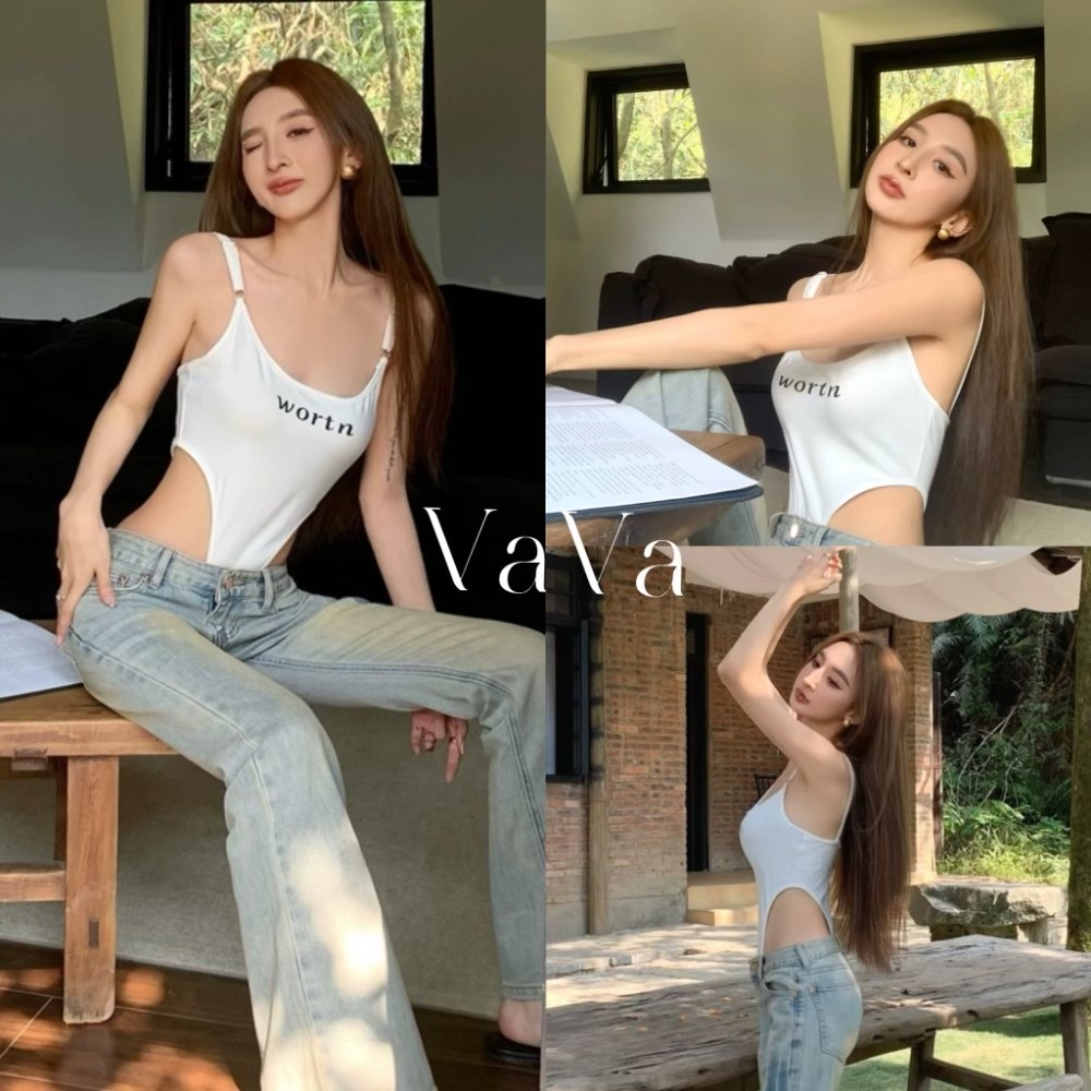 VaVa จัดส่งในกรุงเทพฯ สาววัยรุ่นตัวอักษรเชือกแขวนคอเสื้อกั๊กเซ็กซี่บาง Jumpsuit ด้านบน