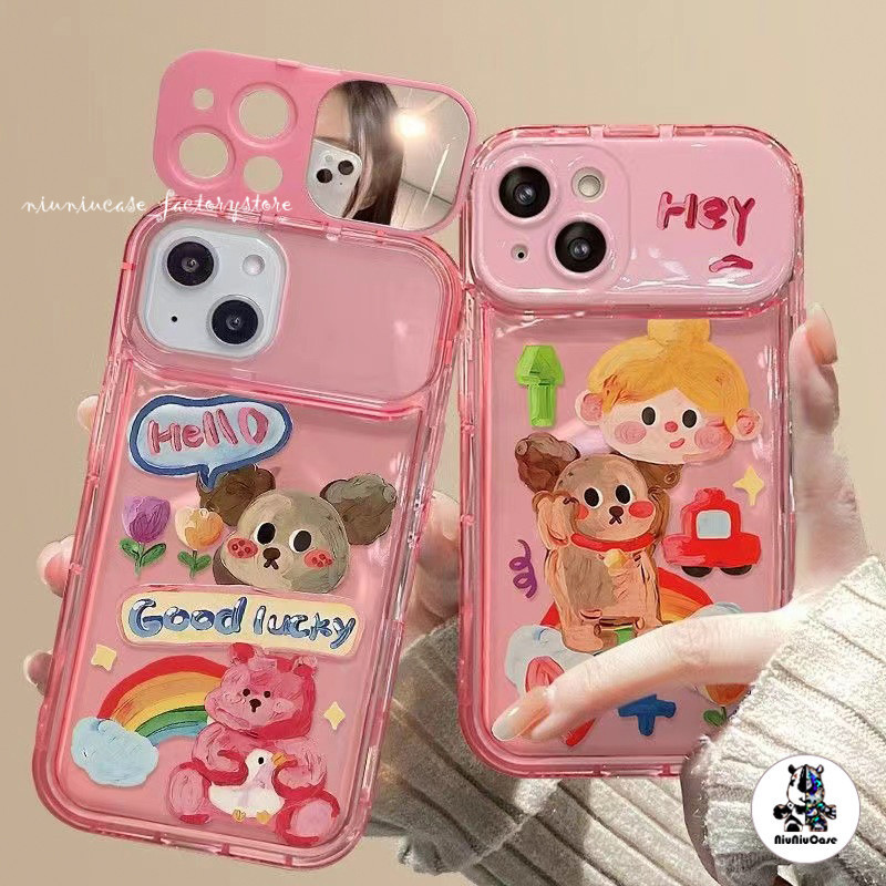สำหรับ iPhone 11 15 14 13 12 Pro MAX 7 8 14 Plus X XR XS MAX เคส หมีสีชมพู กรณีโทรศัพท์กระจกพลิก ซิลิโคนนุ่ม TPU Case