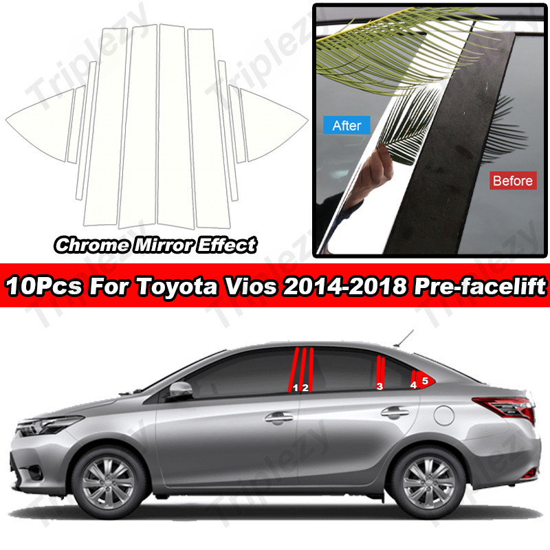 10 ชิ้นGlossy Chrome PCวัสดุรถหน้าต่างสําหรับToyota Vios NCP150 NCP151 2014-2018 Pre-facelift BCคอลั