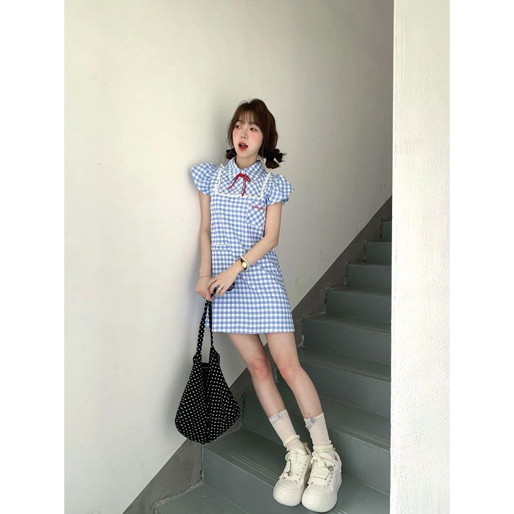ชุดเดรสกระโปรงสั ้ นลายสก ๊ อตเรียบง ่ ายนักเรียนหญิงฤดูร ้ อนแขนพัฟสไตล ์ ใหม ่ Slimmer ดูเอวแคบสีฟ ้ า