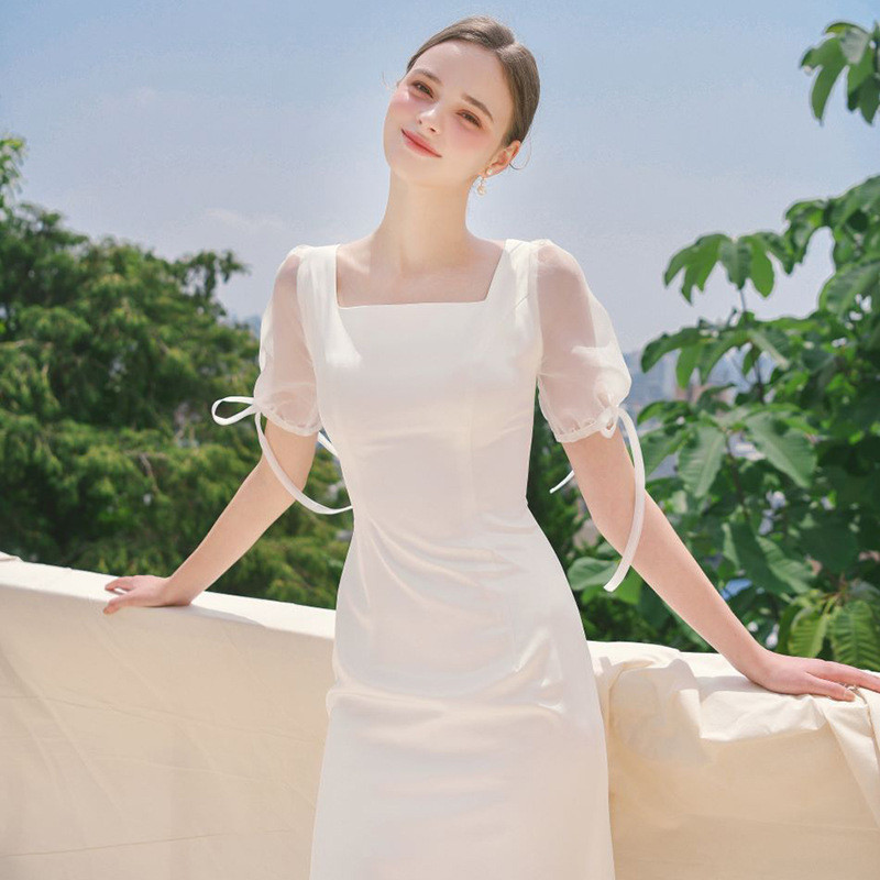 ฝรั่งเศสแสงงานแต่งงานซาติน Simple Niche Design Sense แขนสั้น Fishtail ชุดราตรีสีขาวเจ้าสาว FC116