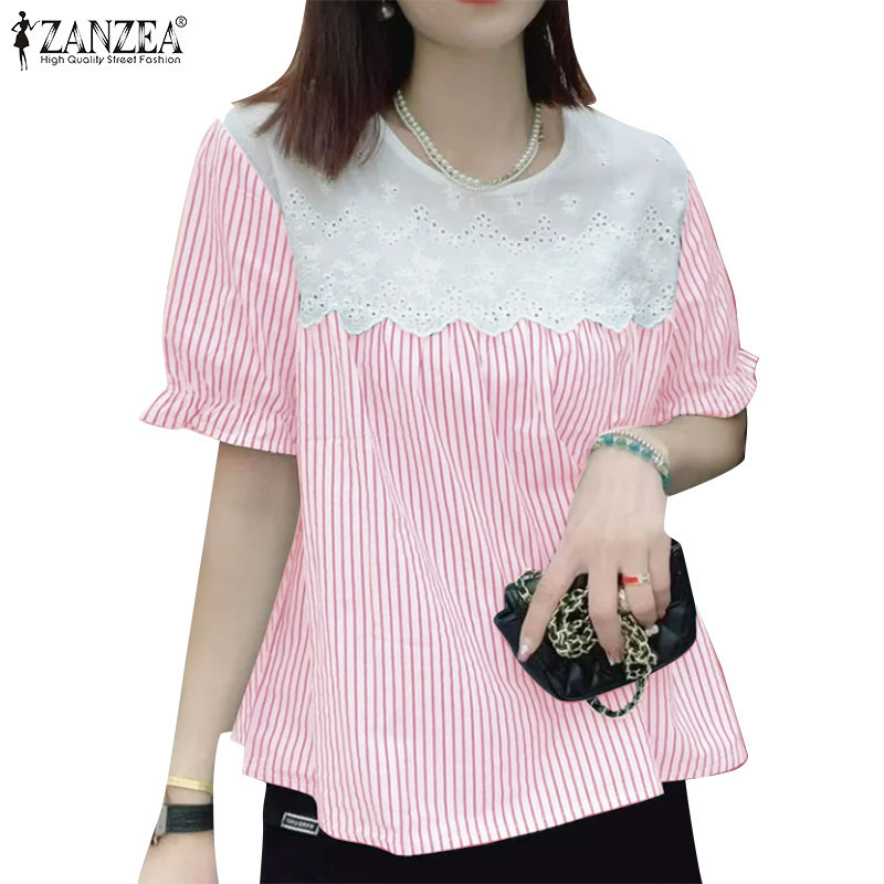 Zanzea ผู ้ หญิงเกาหลีหรูหราแขนสั ้ นพัฟลายลูกไม ้ เย ็ บเสื ้ อ