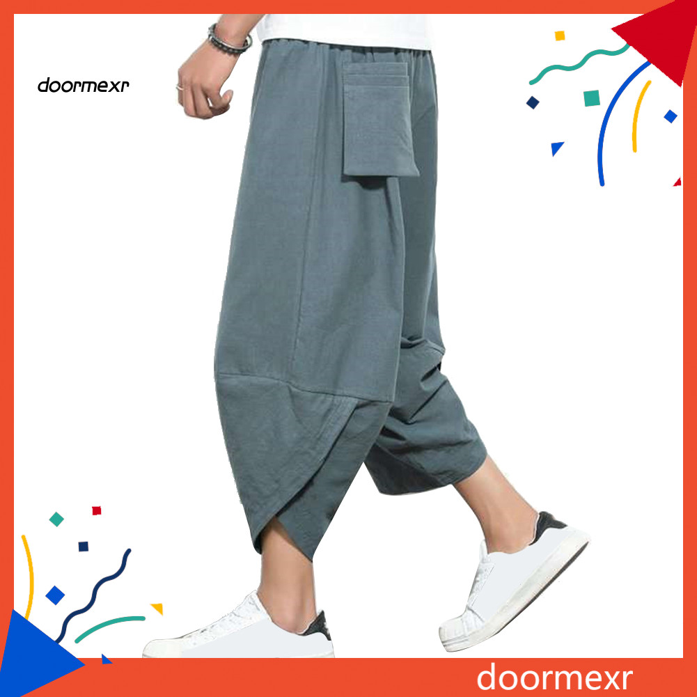 Doo Plus Size Men Solid Color Capri Pants Drawstring Oversize Samurai Pants