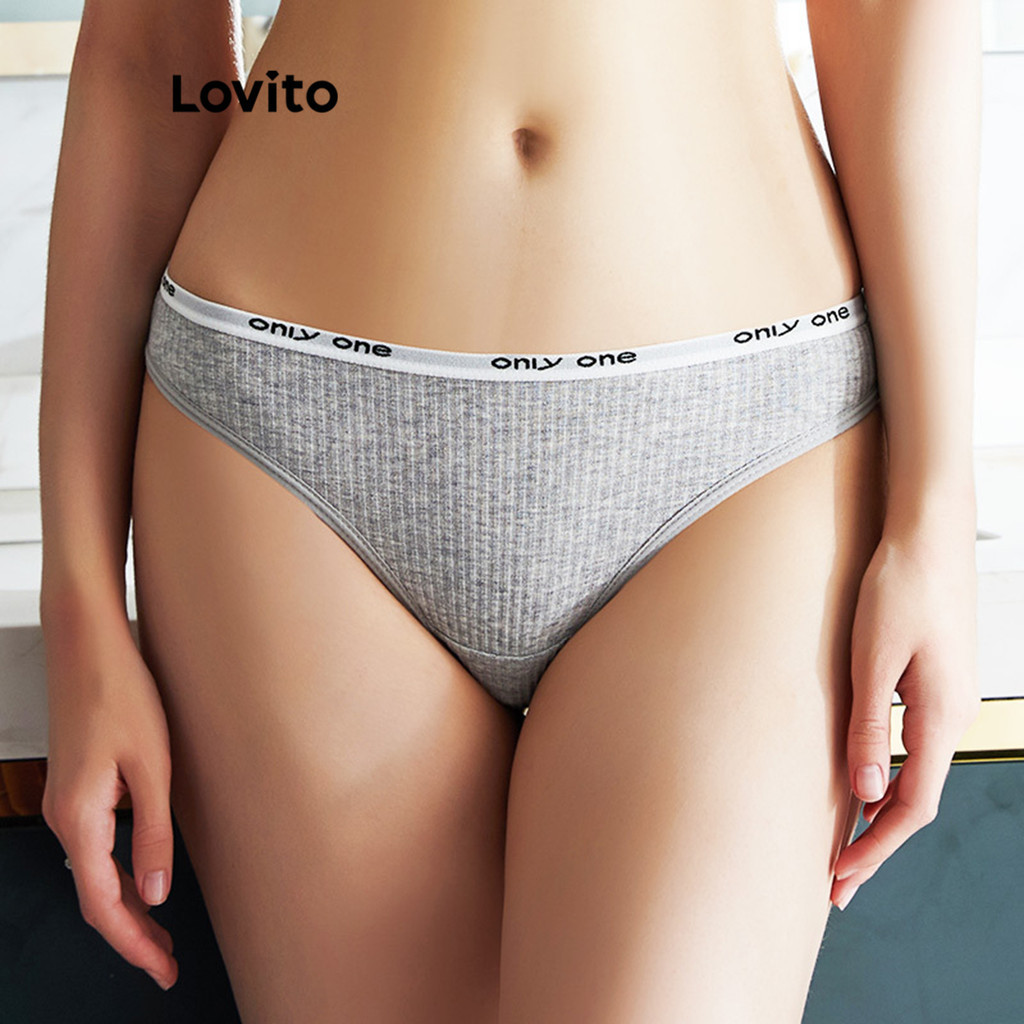 Lovito กางเกงชั้นในผู้หญิง ผ้าถัก ลายตัวอักษร สไตล์ลำลอง LNL67009