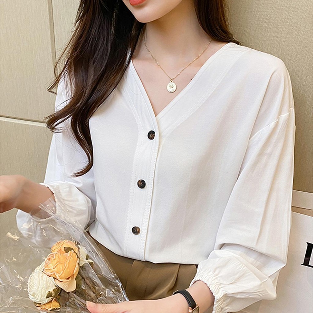 Lune_Graceเสื้อเชิ้ตแขนยาว คอวีแขนจั้ม สีพึ้น แมชต์ง่าย กระดุมลายไม้ แฟชั่นเกาหลี แนวออฟฟิศ รุ่นW394