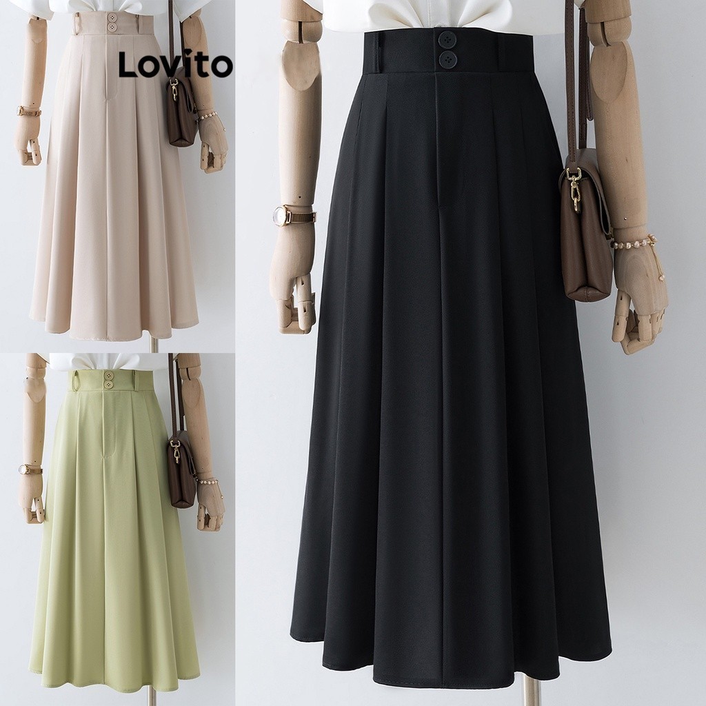 Lovito กระโปรงผู้หญิง แต่งจีบ กระดุมคู่ บอลกาวน์ สไตล์ลำลอง สีพื้น L68ED303 (แอปริคอท/เขียว/ดำ)