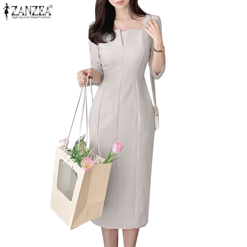 ZANZEA ใส่ ซานเซีย ผู้หญิงเกาหลีสบายๆแขนสามในสี่สแควร์คอธรรมดาสีชุด