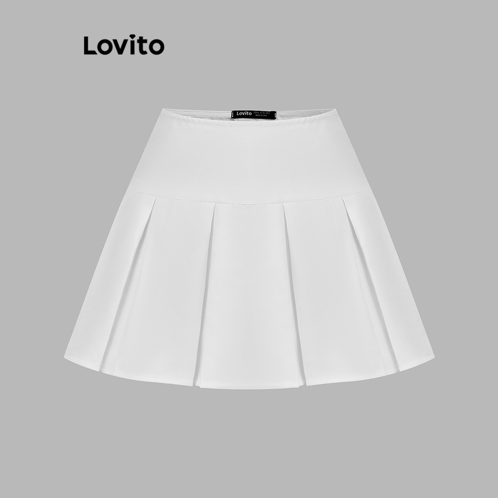 Lovito กระโปรงผู้หญิง แต่งจีบ สีพื้น สไตล์โมเดส L93AD043