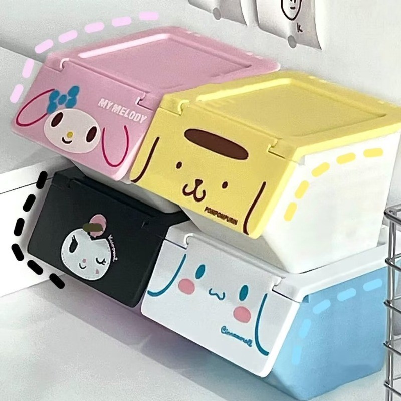 การ์ตูนน่ารัก Sanrio Desktop Flip Organizer สําหรับหญิง Sundries กล่องเครื่องประดับ Kuromi Melody Cinnamoroll กล่องเก็บของวางซ้อนกันได้
