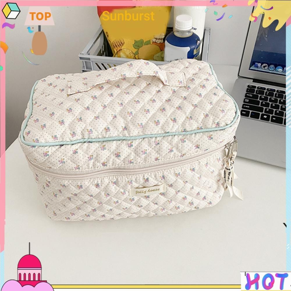 เกาหลีน่ารักกระเป๋าเครื่องสําอางแบบพกพาซิป Travel Organizer Quilted คลัทช์กระเป๋าถือ [Sunburst11.th]