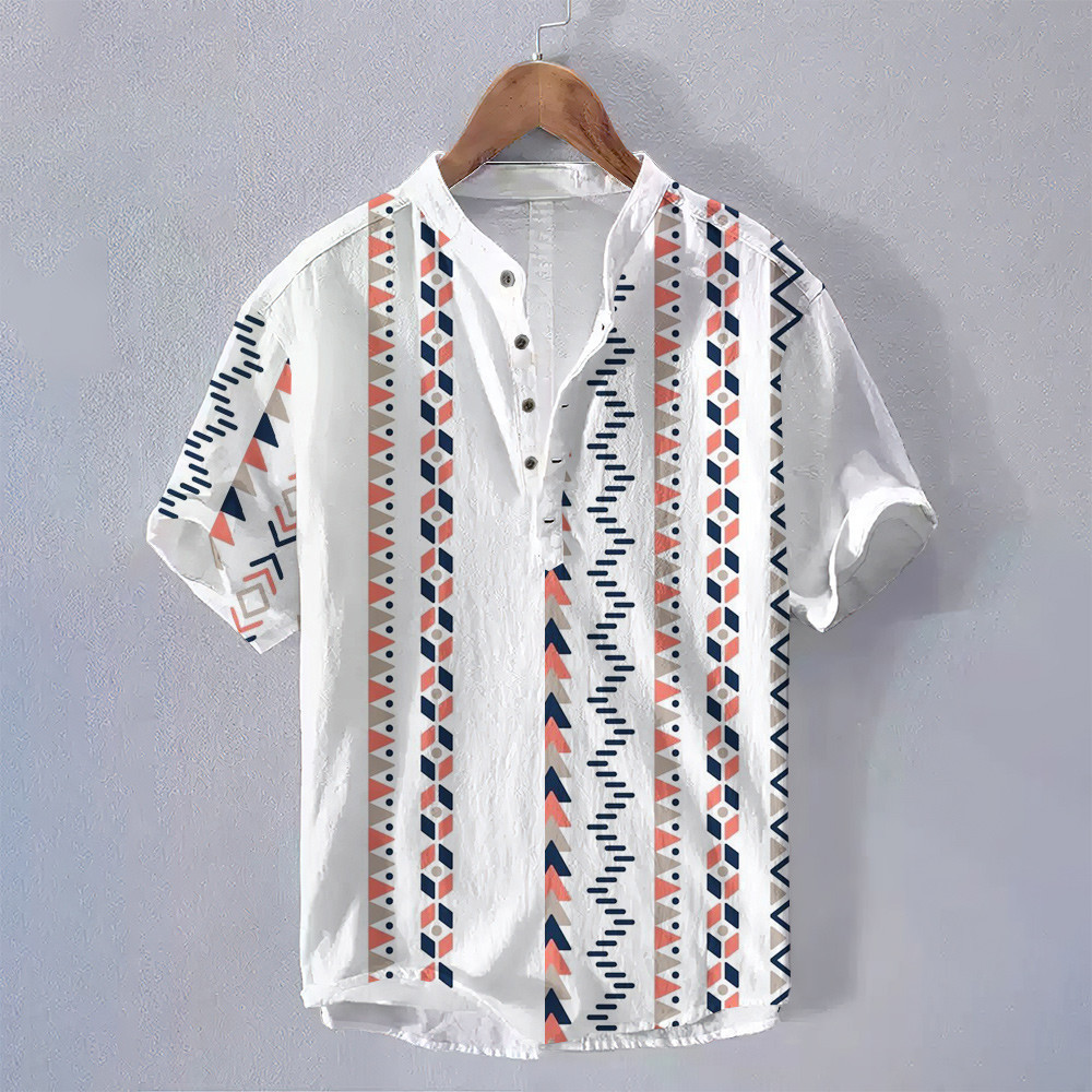 ฤดูร้อนสไตล์ชาติพันธุ์ชนเผ่าชายยืนขึ้นปกเสื้อแขนสั้นดอกไม้รูปแบบเรขาคณิตพิมพ์เสื้อผ้าย้อนยุคหลวมระบายอากาศขนาดใหญ่โบฮีเมียนเสื้อโปโลส