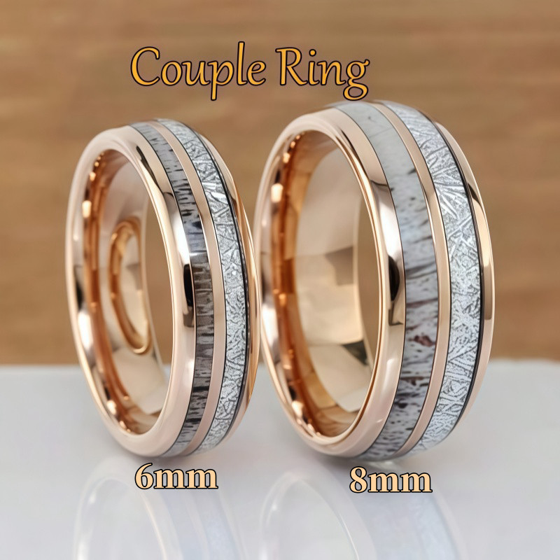 Rose Gold Deer Antler Meteorite แหวนงานแต่งงานผู้ชายผู้หญิง Rose Gold ทังสเตนแหวน, Meteorite แหวน, กวางเขากวาง, หมั้น