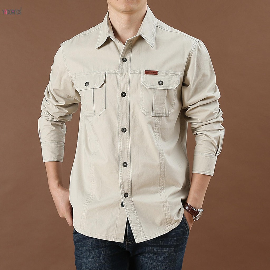【COD】เสื้อเชิ้ตกระดุมแถวเดียวคลาสสิกของผู้ชายฤดูใบไม้ผลิฤดูใบไม้ร่วงเสื้อเชิ้ตลําลองสีทึบพร้อมกระเป๋า