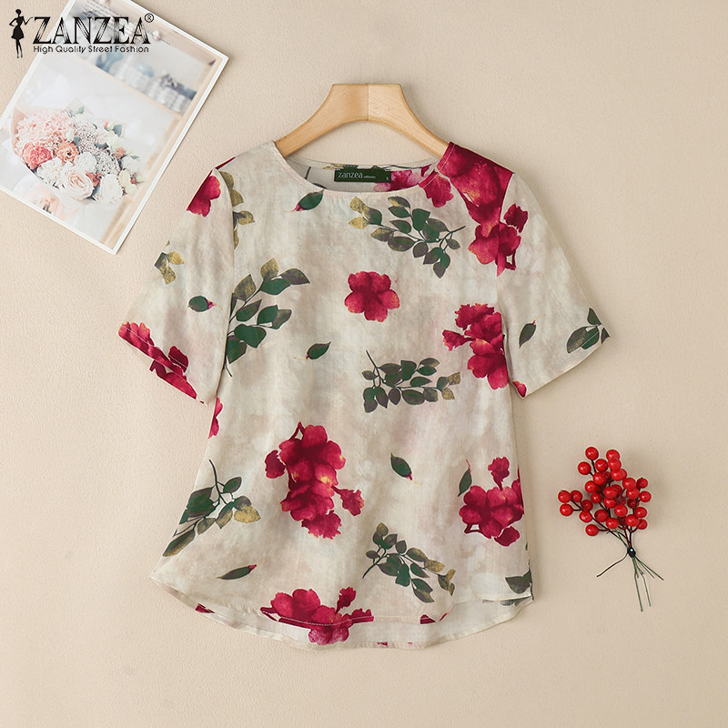 ZANZEA ซานเซีย ผู้หญิงเกาหลีวินเทจรอบคอดอกไม้พิมพ์สันทนาการเสื้อ
