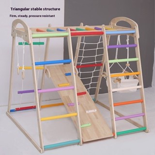 โครงปีนป่ายไม้เนื้อแข็งสำหรับเด็ก สไลเดอร์ปีนป่ายในร่ม ชิงช้…