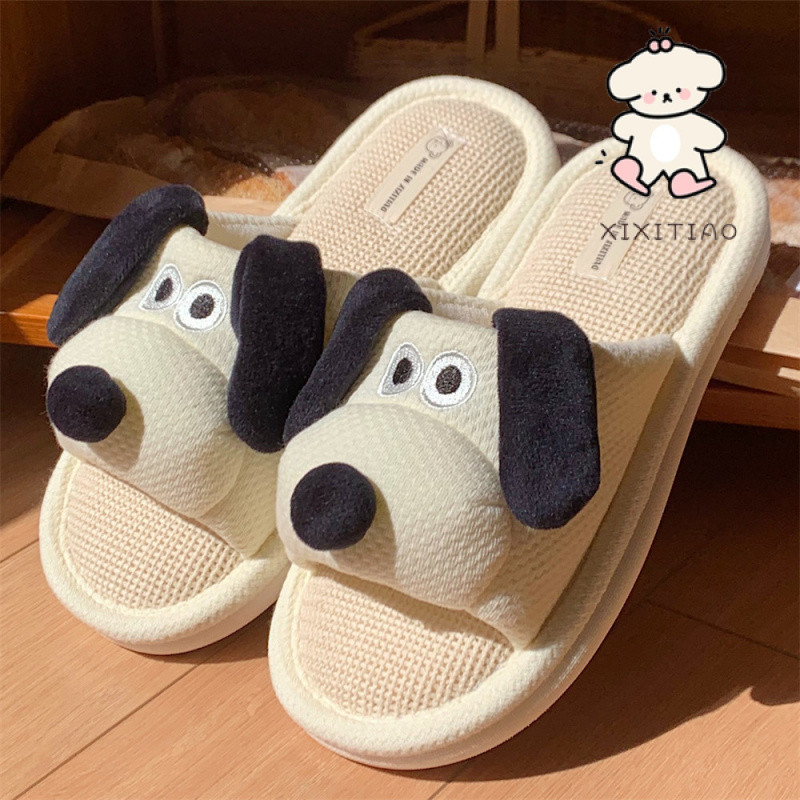 Xitiao น่ารัก Big-Eared Dog Soft-Soled ผ้าลินินสุภาพสตรีการ์ตูน Four Seasons Stepping on Shit รองเท้าแตะ