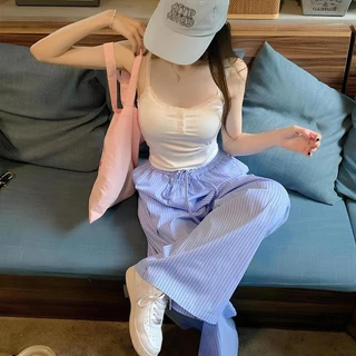 กางเกงลำลองขาวยาว แฟชั่นเกาหลี กางเกงขายาว ลายทาง เอวสม็อค สาวอวบใส่ได้ พร้อมส่ง