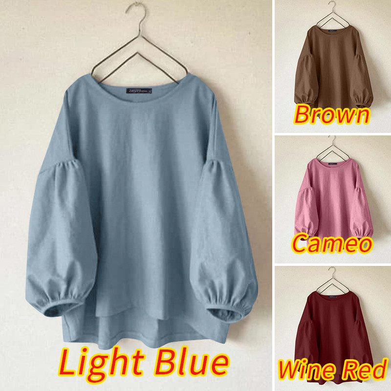 Zanzea ผู้หญิงเกาหลีลําลองคอกลมแขนโคมไฟเก้าแขนเสื้อด้านบน — صورة 3