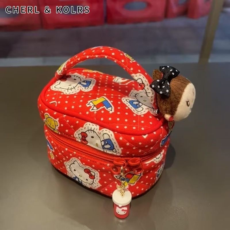 ค&เค กระเป๋าเครื่องสําอางผู้หญิงสีแดงน่ารัก Hello Kitty ถุงเก็บมินิน่ารักการ์ตูนตัวละครถุงเก็บเดินทางสายคล้องแขวนเครื่องประดับและตุ๊กตาของเ