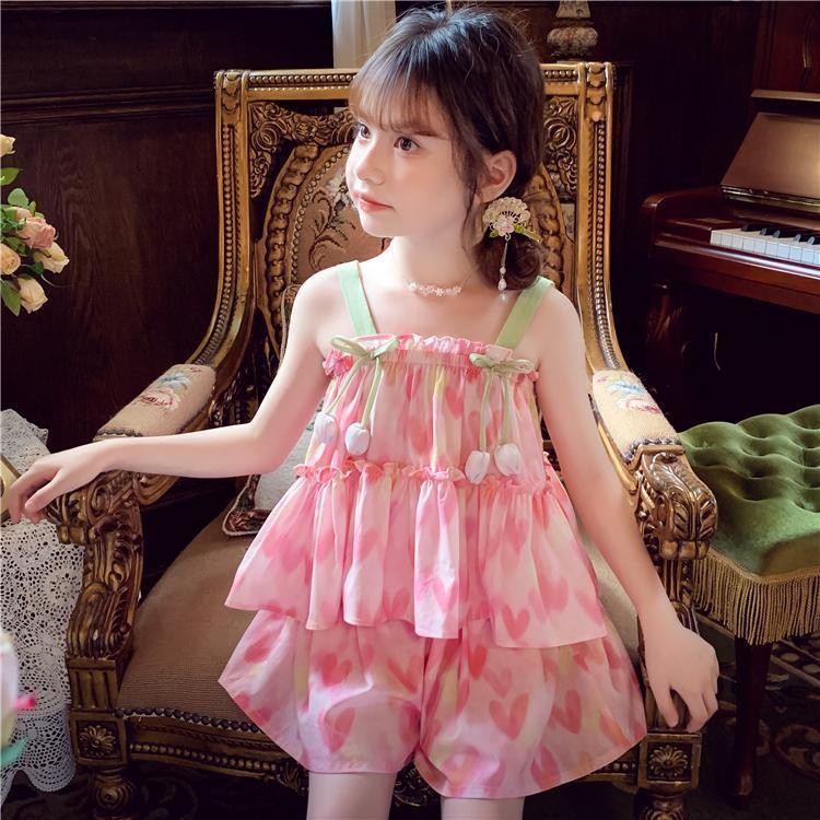 YYDS25025 Girls Fashion Suspender Floral Suit Children Princess Two-piece Suit